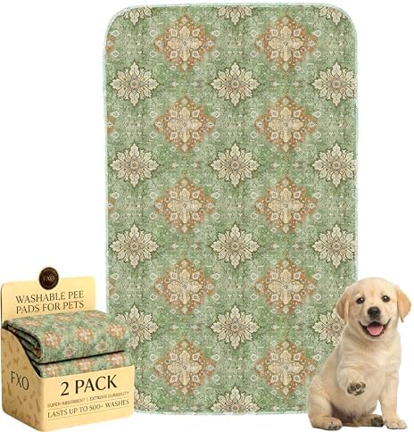 Washable Pee Pads for Dogs,Great Urine Absorbent Reusable Puppy Training Pads,Waterproof,Leak-Proof & Non-Slip Potty Pads for Whelping,Crate,Playpen,Bed.(Green Floral Flat,24"x36")