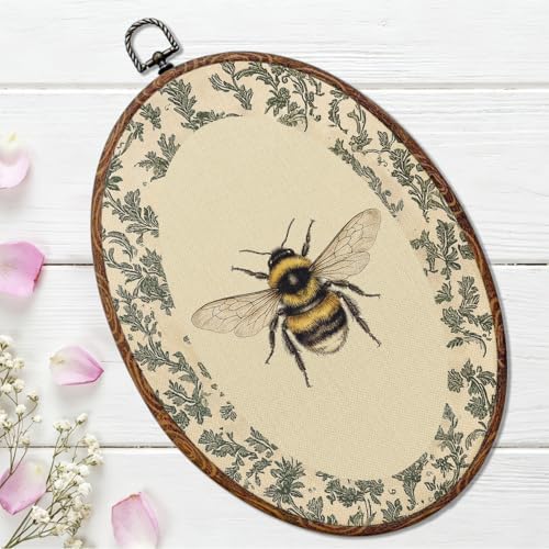 Vintage Bee Oval Framed Wall Art, Cottagecore Floral Canvas Art Wall Decor，Rustic Garden Botanical Bathroom Hanging Decor Painting Artwork for Home Bedroom Living Room Office Bedroom 8.3x12inch