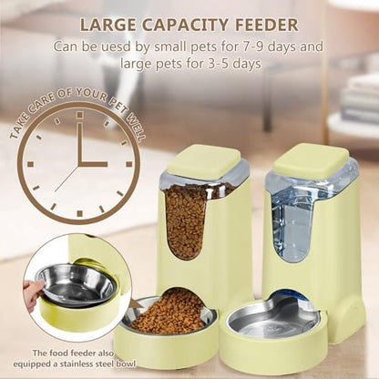 HWONMTE Portable Automatic Cat Feeder and Water Dispenser with Stainless Steel Bowl Dog Gravity Food Feeder and Waterer for Small Medium Pets Puppy Kitten 1 Gallon x 2 (Cream Yellow)