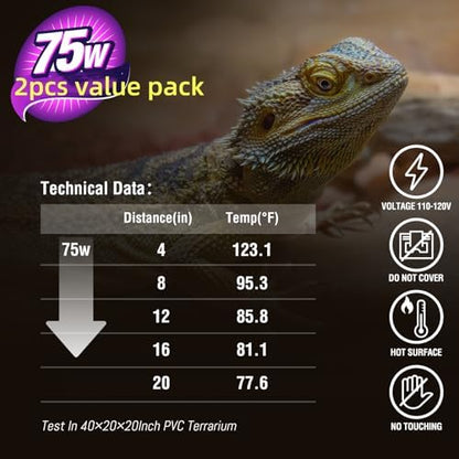 Leoterra 75W Reptile Heat Lamp Bulb, UVA Basking Spot Light for Bearded Dragon, Turtle, Lizard, Snake Terrarium, Daytime Heating Bulb for 20-40 Gallon Tanks, E26 Base, 2-Pack