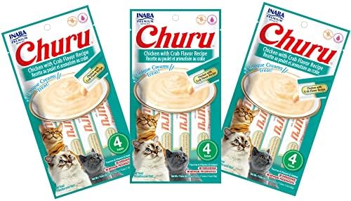 INABA Churu Cat Treats, Grain-Free, Lickable, Squeezable Creamy Purée Cat Treat/Topper with Vitamin E & Taurine, 0.5 Ounces Each Tube, 12 Tubes (4 per Pack), Chicken with Crab Recipe