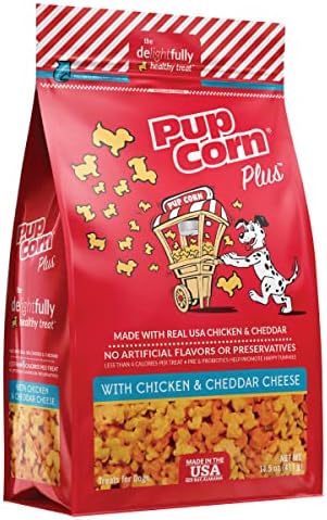 Pup Corn Plus - Puffed Dog Treats with Prebiotics and Probiotics - Chicken & Cheddar Cheese (14.5oz) - Made in USA