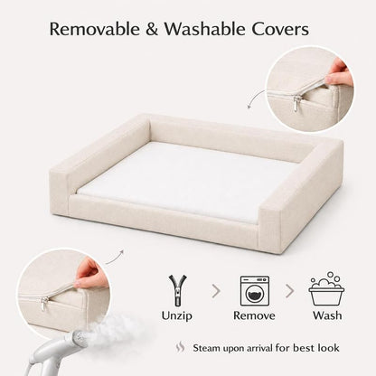 Mini Cloud Bed - Removable and Washable Covers - Upholstered Minimalist Modern Luxury - Toddler Baby Pet Dog Cat Nursery (Waterproof Cream, Small)