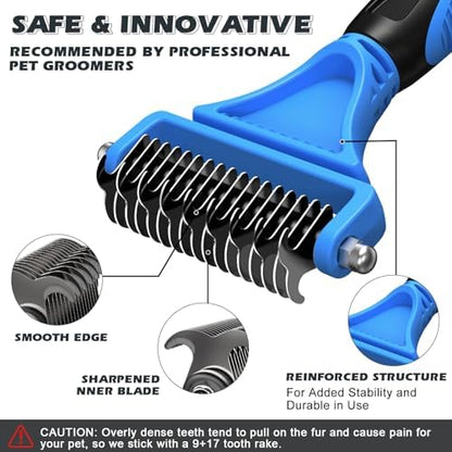 3PCS Pet Grooming Rake & Metal Comb & Flea Comb for Cats and Dogs, Double-Sided Dematting Tool, Extra-Wide Deshedding Dog Brush for Long Hair to Effectively Remove Tangles, Knots and Mats (Blue)