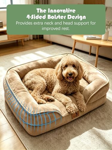 Spotted Play Orthopedic Dog Bed with Sides - Sofa Beds for Large Dogs, Supportive Foam Pet Couch Bed with Washable Removable Cover, Waterproof Lining and Non-Slip Bottom, Brown - L-Plus