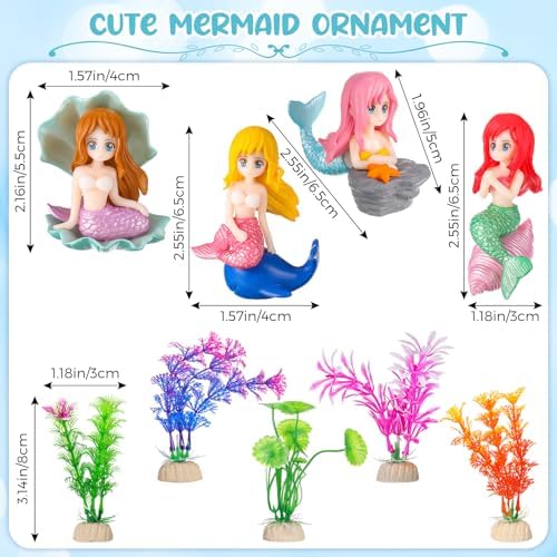 Jetec 9 Pieces Fish Tank Cute Mermaid Ornament and Simulated Seaweed for DIY Craft Aquarium Desk Theme Thematic Decoration Pet Accessories
