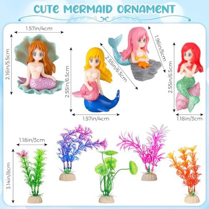 Jetec 9 Pieces Fish Tank Cute Mermaid Ornament and Simulated Seaweed for DIY Craft Aquarium Desk Theme Thematic Decoration Pet Accessories