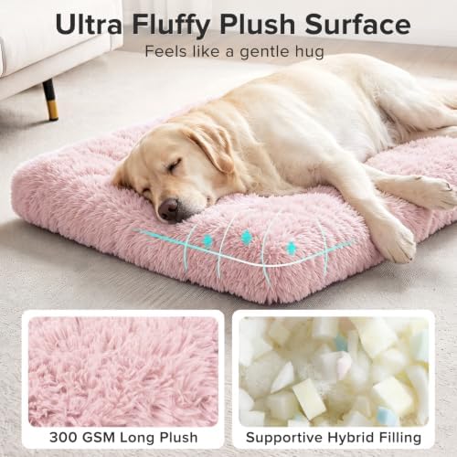 JOEJOY Large Dog Bed Crate Pad, Deluxe Plush Washable Dog Beds Fulffy Soft Kennel Pad Anti-Slip Pet Sleeping Mat for Large Medium Small Dogs, 35" x 23", Pink