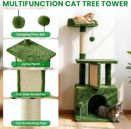 32.8inch Small Cat Tree Tower Condo for Indoor Cats, Soft Plush Multi-Level Climbing Tree Cat House with Cat Cave, Scratching Post, Sisal Rope, Green