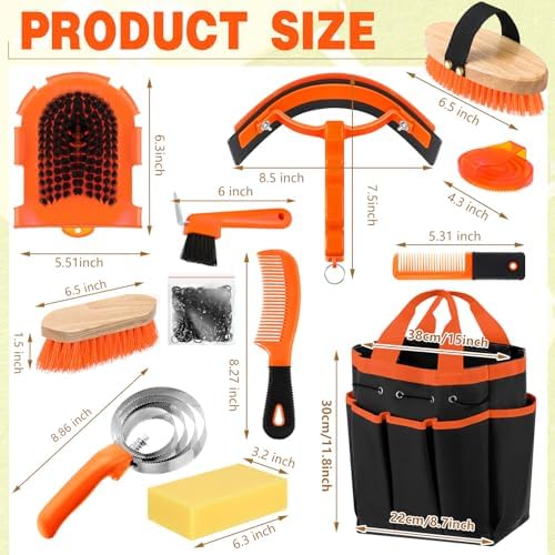 Abbylike 12 Piece Horse Grooming Kit with Organizer Tote Bag Brush Sets for Derby Day Show Horses Professional Tools for Care & Massage(Orange)