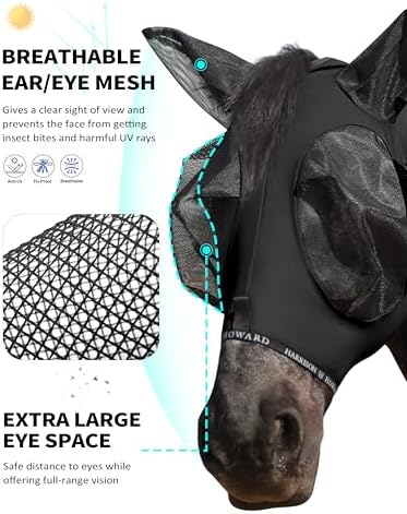 Harrison Howard Horse Fly Mask with Forelock Opening Stretch Breathable and Comfortable for Horses UV -Protection Black M