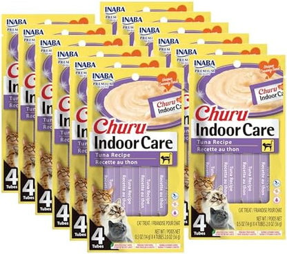 INABA Churu for Cats, Functional, Creamy Lickable Purée Cat Treat for Indoor Care and Hairball Control with Taurine & Vitamin E, 0.5 Ounces Each, 48 Tubes (4 per Pack), Tuna Recipe