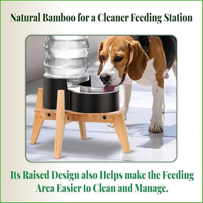 Dog Water and Food Dispenser Stand for Medium Dogs - Adjustable, Bamboo