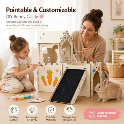 Large Bunny House and Hideouts, Wooden Dual-Layer Rabbit Castle with Stair, Sturdy Habitat for Guinea Pig Chinchilla Ferret (Extra Large-3 House with Anti-Slip Ramp)