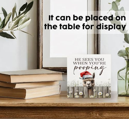 Christmas Alpaca Home Bathroom Decor Sign - Farmhouse Western Christmas Animal Bathroom Decor,Rustic Farm Animal He Sees You When You're Pooping Signs,Alpaca Gifts for Women