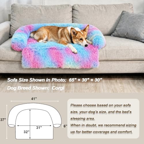 GGIB Calming Dog Bed Fluffy Plush Dog Mat for Furniture Protector with Removable Washable Cover for Large Medium Small Dogs and Cats (Medium, Rainbow)
