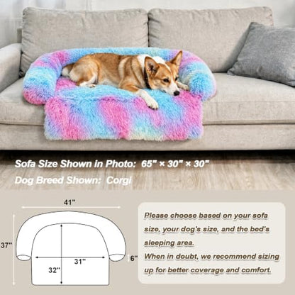 GGIB Calming Dog Bed Fluffy Plush Dog Mat for Furniture Protector with Removable Washable Cover for Large Medium Small Dogs and Cats (Medium, Rainbow)