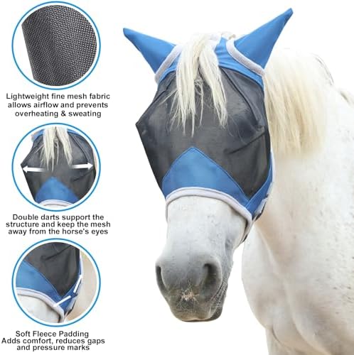 Horse Fly Mask with Ears, Breathable Fine Mesh Royal Blue Full