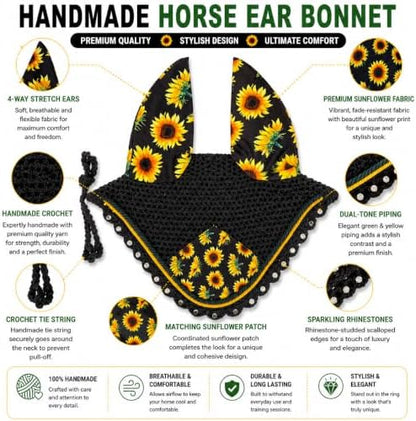 Horse Ear Bonnet for Horses, Sunflower Print Fly Bonnet with Crystal Edge, Handmade Crochet Fly Veil, Breathable Stretch Ears (Black - Sunflower, Pony)