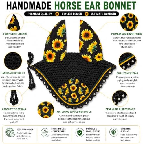 Horse Ear Bonnet for Horses, Sunflower Print Fly Bonnet with Crystal Edge, Handmade Crochet Fly Veil, Breathable Stretch Ears (Black - Sunflower, Extra - Full)