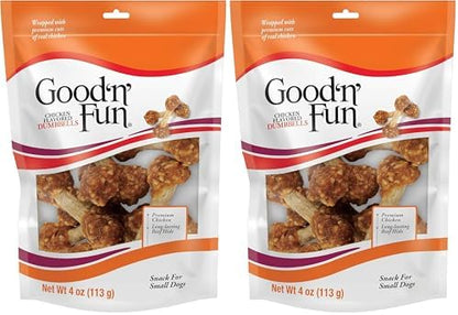 Good 'n' Fun Chicken Flavored Dumbbells 4 Ounces, Rawhide Snacks for Small Dogs (Pack of 2)