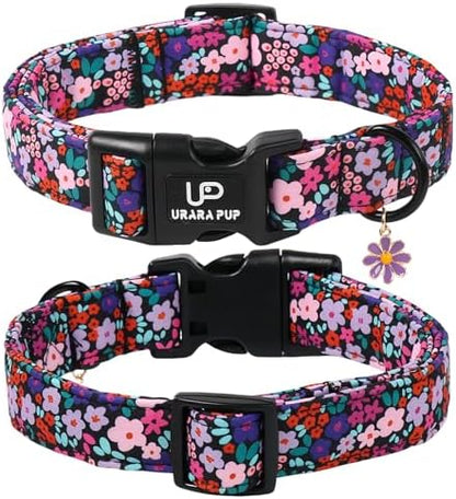 Floral Dog Collar, UP URARA PUP Colorful Floral Adjustable Pet Collar with Flower Charm, Daily Dog Accessories for Small Medium Large Dogs