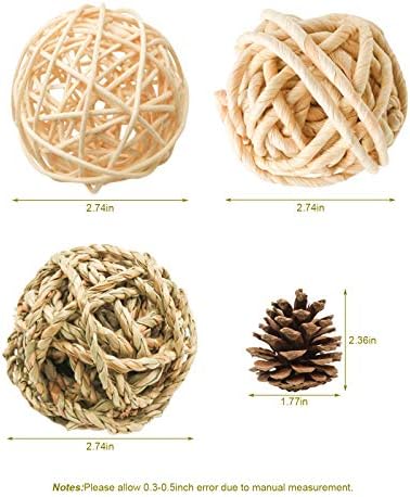 8 Pcs Small Animals Play Balls Rolling Activity Chew Toys Gnawing Treats for Rabbits Guinea Pigs Chinchilla Bunny Natural Balls, Pet Cage Entertainment Accessories (8 Pcs+ Pine Cone)