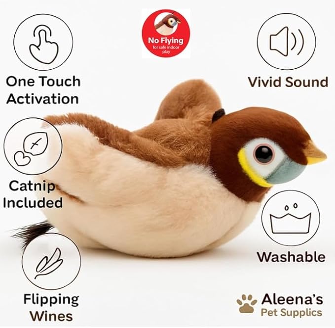 Flappy Bird Cat Toy – Interactive Flapping & Chirping Bird Toy for Cats (No Flying), Indoor Cat Toy for Exercise & Play, Durable Chew Toy, Catnip Toy for Kitten or Small Dogs (Large 9x3")