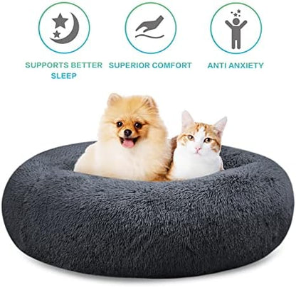 SAVFOX 20 inches Calming Donut Dog Bed - 3X Durable Plush Faux Fur, Machine Washable & Non-Slip, Fits up to 15 lbs, Dark Grey