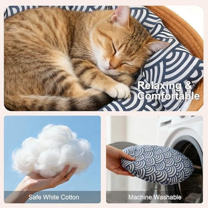Instinct Basket,Stimulicat Cat Bed,Stimulicat Cat Bed Rope Cotton with Cushion,Eliminates Bed Rejection Round Pet Basket,Boho Catbed for Cats Handwoven Scratchable Breathable Weave (White, Large-A)
