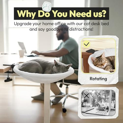 Adjustable Cat Desk Bed, Sunken Design Cat Hammock, Supports Up to 50 lbs, Sturdy Metal Frame with Secure Clamp, Removable Faux Rabbit Plush Cover, Perfect for Home or Gaming Desk (White, XL)