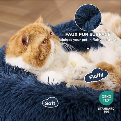Bedsure Calming Cat Beds Donut Round Washable Kitten Bed,20 inches Navy