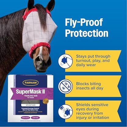 Farnam SuperMask II Horse Fly Mask Without Ears, Yearling, Color May Vary