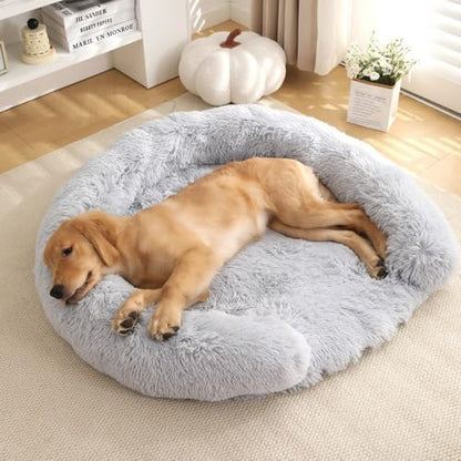 Calming Dog & Cat Beds with Orthopedic Egg-Crate Foam Raised Rim, Soft Fluffy Faux Fur Pet Bed for Small Medium Dogs, Anxiety Relief Spine Support, Machine Washable (Round, Pale Grey 28")