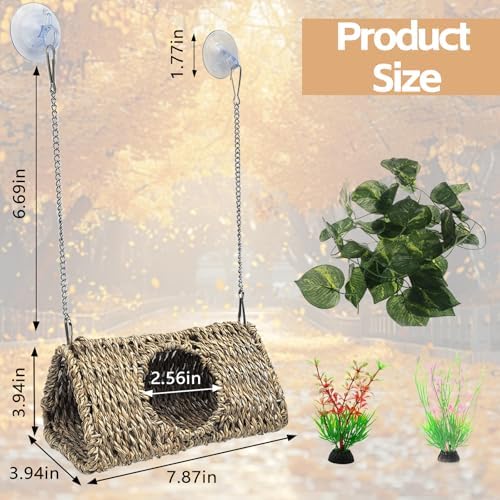 Hanging Reptile Hide Cave,Natural Seagrass Fiber Bearded Dragon Hammock Hideout,Reptile Shelter Sleeping Cave Swing Climbing Toys Terrarium Decor for Lizard Gecko Hermit Crabs(Triangle S)