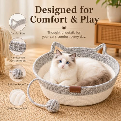Instinct Basket for Cats, Handwoven Cotton Rope Cat Basket Bed with Toy Ball and Cat Ear Handles, Scratchable Breathable Round Woven Cat Basket for Indoor Cats (Large,Army Green Basic)