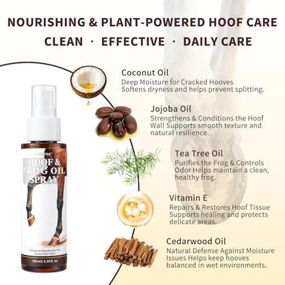 Hoof Oil Spray for Horse – Deep Hydration & Frog Care | Jojoba, Coconut & Tea Tree Formula | Repairs Dry, Cracked, Brittle Hooves & Boosts Natural Shine | 3.38 oz