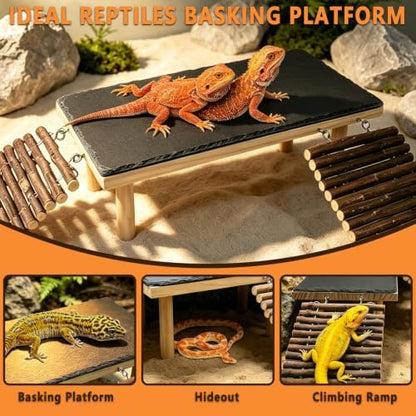 Bearded Dragon Basking Platform with Climbing Ramp,Reptile Basking Rock,XXL