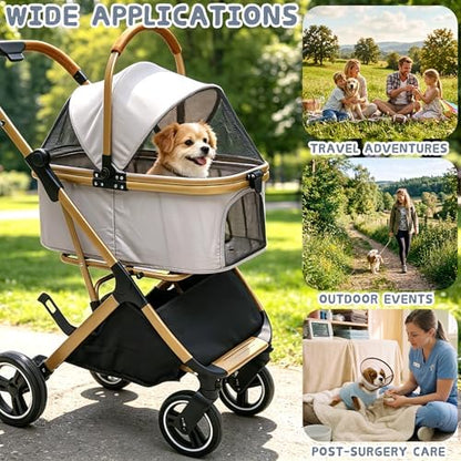 Chihuahua 3-in-1 Foldable Pet Stroller 4-Wheel for Small Dogs,Light Coffee