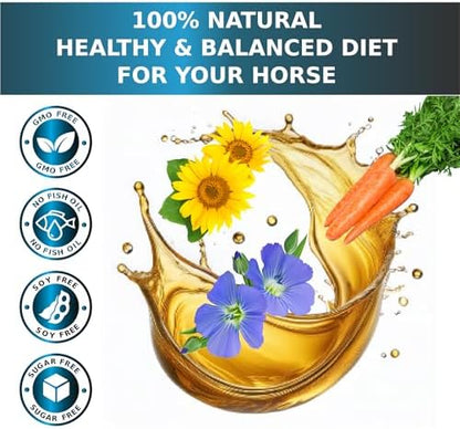 Equine & Horse Oil Supplement 3 Natural Oils Flaxseed Sunflower Carrot Omega 3 6 9 Vitamin E Silky Coat & Hoof Digestion Facilitator Joint Health Cardiovascular System Benefits-Pump Included