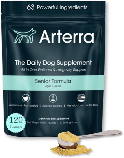 Senior Dog Powder Supplement & Food Topper – 63 Ingredients for Joint, Gut, Immune & Brain Health – Daily Longevity Multivitamin with Glucosamine, Probiotics, and Fish Oil | 120 Scoops