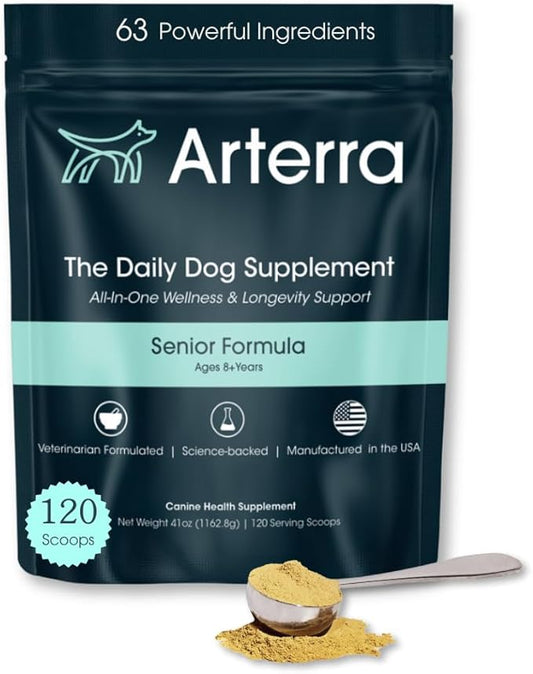 Senior Dog Powder Supplement & Food Topper – 63 Ingredients for Joint, Gut, Immune & Brain Health – Daily Longevity Multivitamin with Glucosamine, Probiotics, and Fish Oil | 120 Scoops