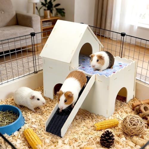 PETKNOWS Large Guinea Pig Hideout, Upgraded Castle House with Ramp Mats