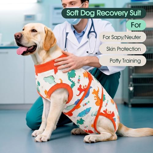 Kuoser Dog Surgery Recovery Suit, Soft Breathable Dog Recovery Suit for Female Spay Male Nueuter, Anti Licking Puppy Onesie Pet Surgical Suit for Dogs Abdominal Wounds Skin Disease, Dinosaur XL