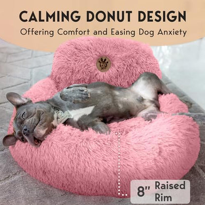 PetJett Calming Dog Bed for Small Dogs – 23" Donut Dog Beds, Anti-Slip & Washable Fluffy Plush Faux Fur Pet Bed, Anti-Anxiety Premium Comfort Round Puppy Bed, Fits Dogs up to 25 lbs – Pink