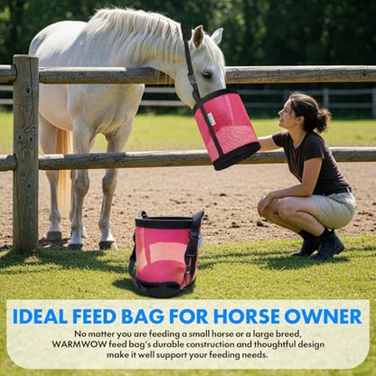 Horse Feed Bag Pack of 2 (Reinforced Bottom Edging), Feed Bags for Horses with Ventilation Mesh, Comfort Nose Pad Neck Pad, Adjustable Strap, Spill Proof Design for Feeding Grain, Supplements