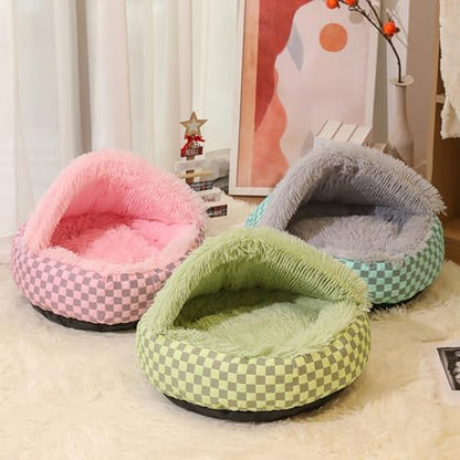 Cat Bed Hooded Plush Nest with Self-Warming Cozy Cave, Calming Anti-Anxiety Pet Bed for Indoor Cats & Small Dogs, Removable Washable Cover & Waterproof Bottom - Green