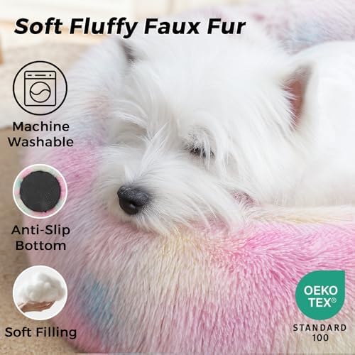 Calming Round Dog Bed & Cat Bed with Anti-Slip Bottom, Medium Size Washable Anti-Anxiety Donut Dog Beds for Small Dogs & Cats, Fluffy Plush Soft Dog Bed(24 Inch, Rainbow)