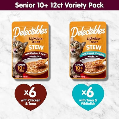Delectables Lickable Treat Stew Senior 10+ Wet Cat Treat with Real Chicken, Food Topper, Hydrating, Grain-Free, No Fillers, No By-Products, No Added Preservatives, 1.4oz Pouch, 12ct