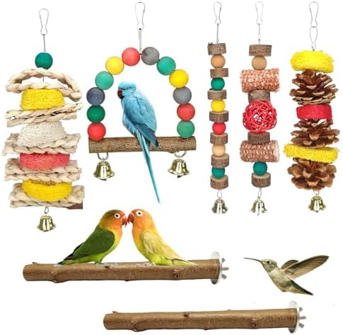 JOREWOOD 7 Pcs Natural Wood Bird Toy & Perch for Parakeets, Cockatiel & Lovebird, Budgie Play Accessory for Small Parrots Indoor Cage